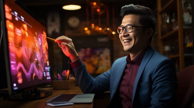 A man is sitting in front of a computer screen.