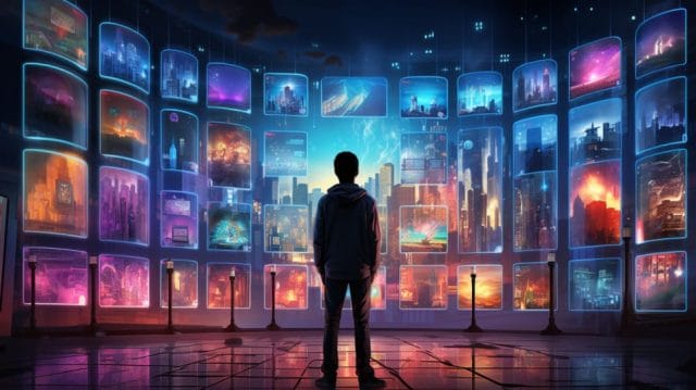 A man is standing in front of a room full of screens.