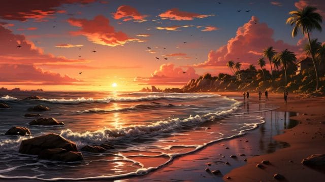 A painting of a sunset on a beach.