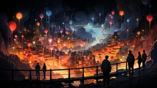 A painting of people looking at a city at night.