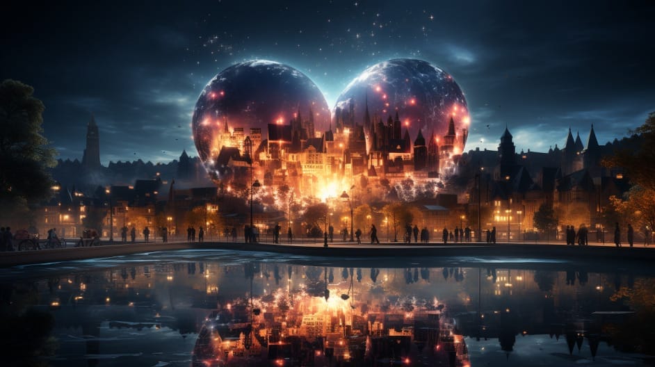 An image of a city at night with a heart in the sky.