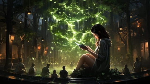 A girl sitting on a bench with a green light surrounding her.