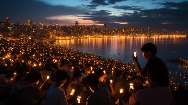A group of people holding candles in front of a city.