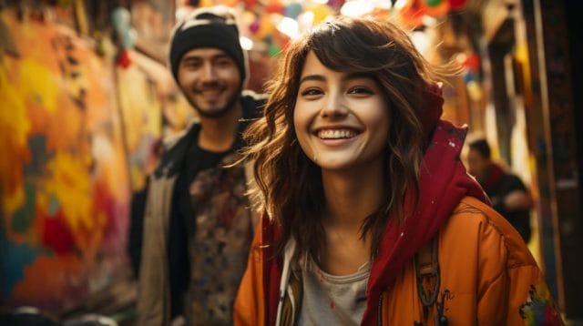 A man and a woman smiling in an alleyway.