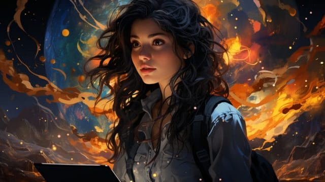 A girl is holding a laptop in front of an explosion.