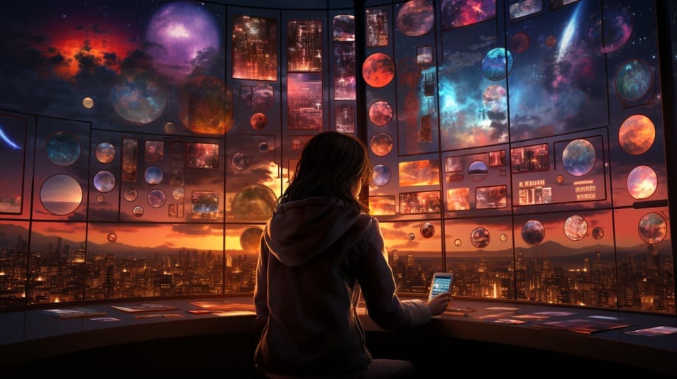 A woman is looking at a large screen with many images on it.