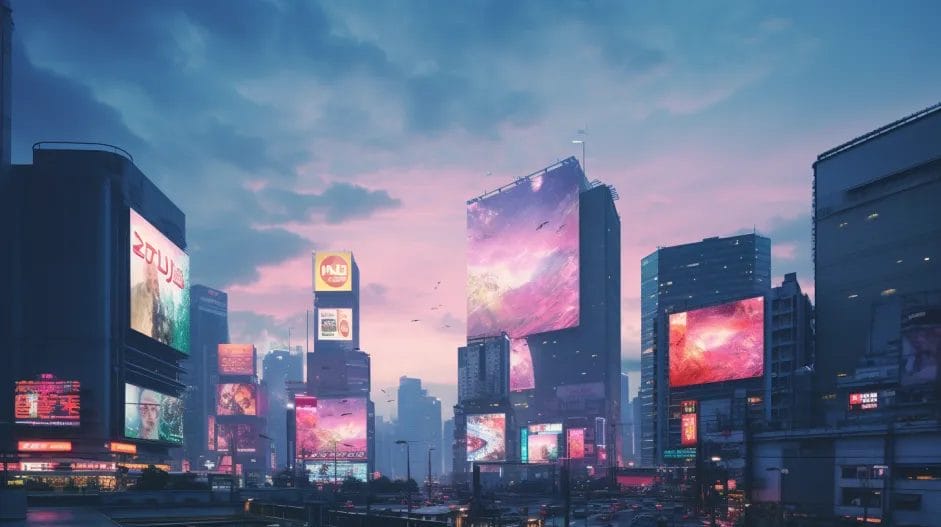 A cityscape with many billboards at dusk.