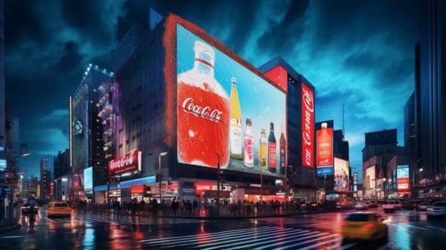 A coca cola billboard in times square at night.