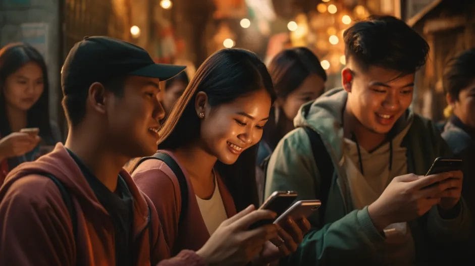 A group of people looking at their phones at night.
