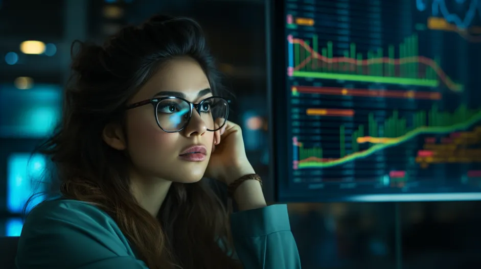 A woman in glasses is looking at a monitor with stock charts on it.