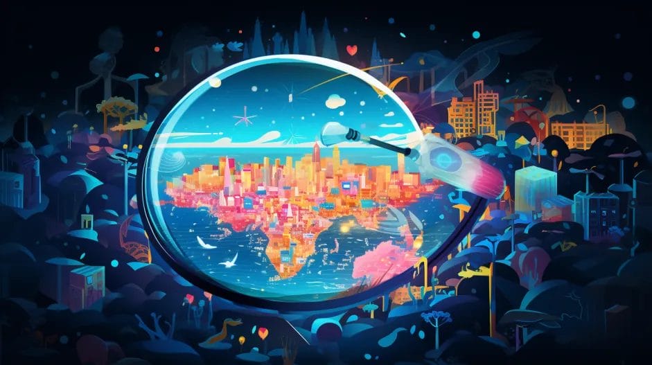 An illustration of a city through a magnifying glass.
