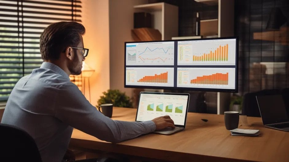 A man sitting at a desk with two monitors showing graphs.