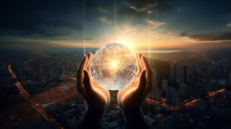 A hand holding a glass ball in front of a city.