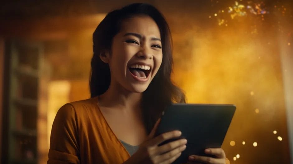 A woman is laughing while using a tablet computer.