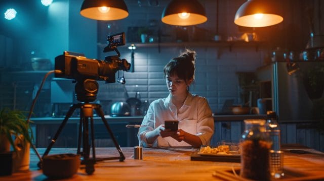 A woman using a video camera in the kitchen.